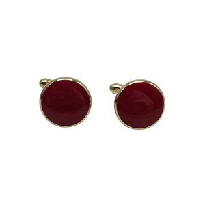 Gold Tone Cufflinks With Red Enamel Round Design Mid Century